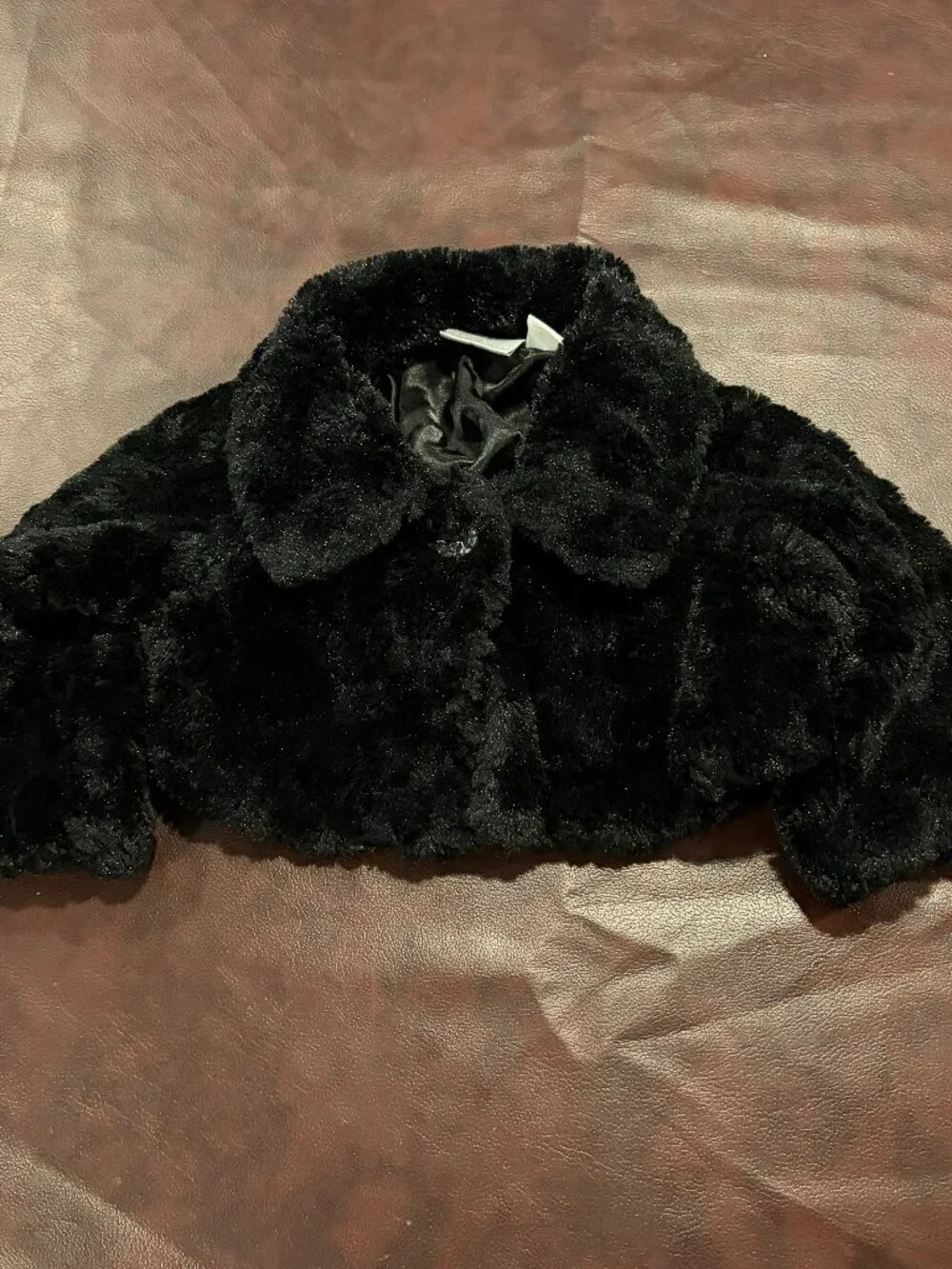 Koala Baby cropped black faux fur jacket with one button, size 9 months